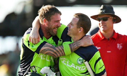 John Mooney, left, and Niall O'Brien celebrate Ireland's win over West Indies at the World Cup